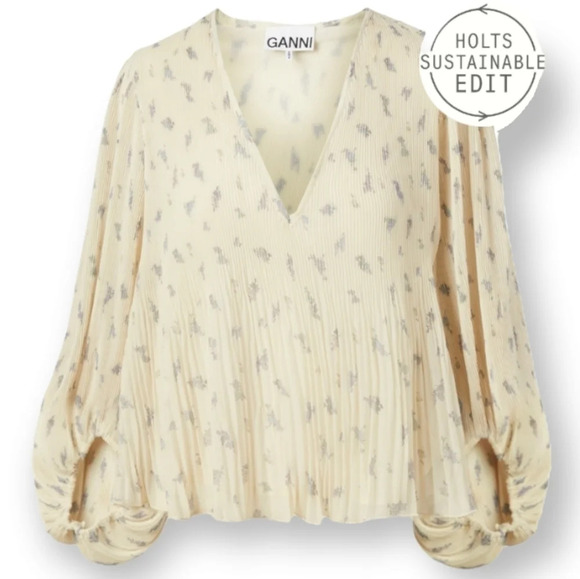 NWT Ganni Pleated Georgette Floral Blouse with Balloon Sleeves 40 EU (8 US) - Picture 16 of 17